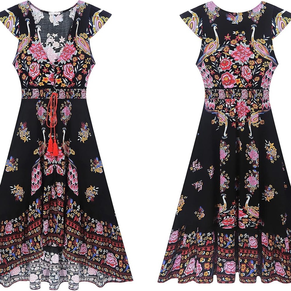 Floral Black Midi Dress with Vibrant Patterns